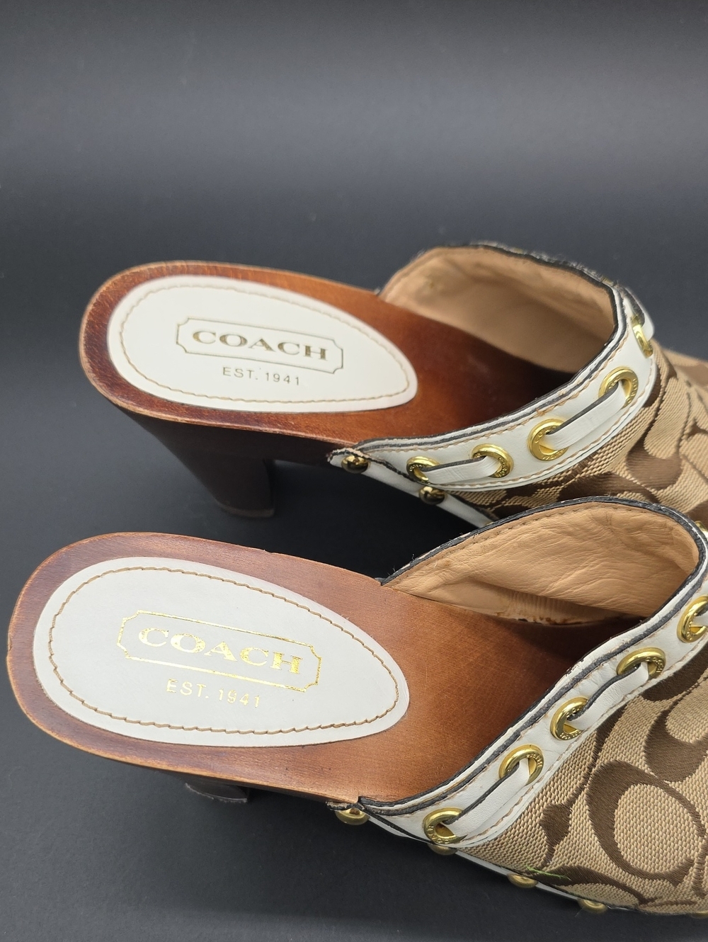 Coach Brown Signature Canvas Clog Heels with Gold Accents 7.5 - Picture 2 of 6